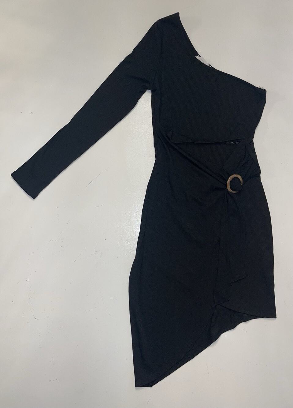 Lush Long Sleeve One-Shoulder Mini Dress Ribbed Knit High-Low Cutout Wrap Medium